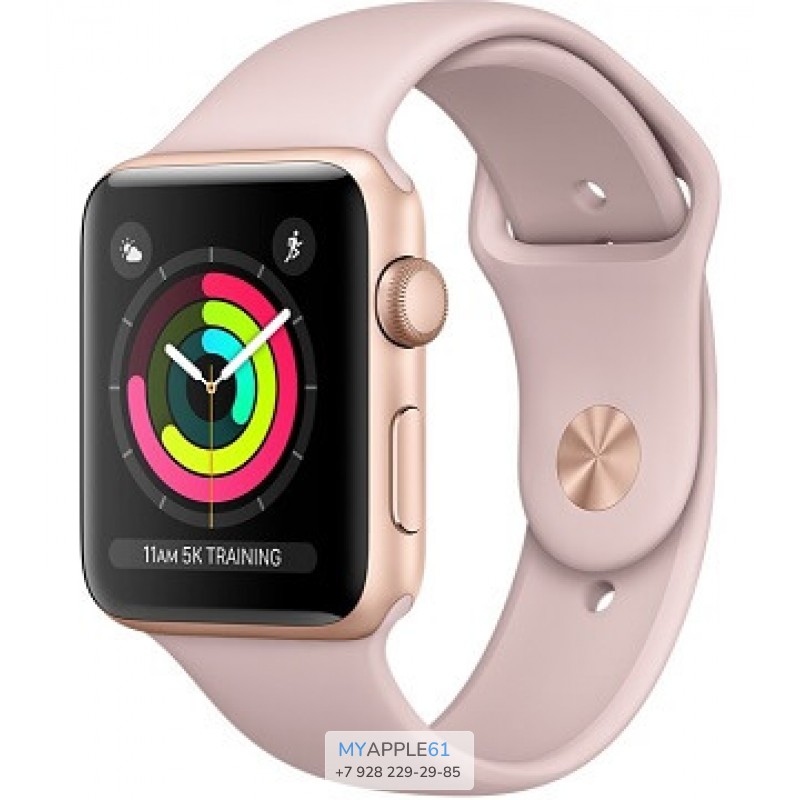 Apple Watch Series 3, 42 мм, Корпус из золотистого алюминия, спортивный ремешок цвета розовый песок